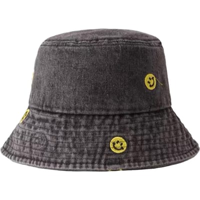 Japans Eenvoudig Smiley Gezicht Geborduurde Denim Vissershoed Meisje Harajuku Vintage Pothoed Koreaanse Versie Lente en Zomer Zonbescherming Zonnehoed Man adjustable black