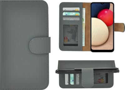 Hoesje Geschikt voor Samsung Galaxy A02s - Bookcase - A02s Hoesje Book Case Portemonnee Wallet Echt Leer Grijs Cover
