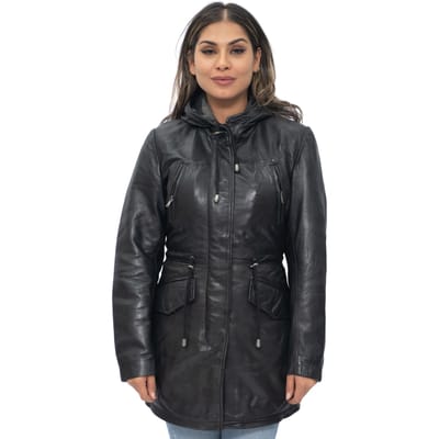 Dames leren parka jas met capuchon-Boekarest