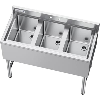 3-Baks Spoelbak, 18 Gauge 304 Roestvrij Staal, 254x356x254 mm Bakmaat, 3-Baks Commerciële Onderbar Spoelbak met Achterwand en Efficiënte Afvoer voor