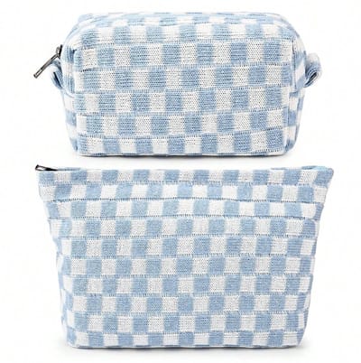 Dailygoods- Make-up Tas Groot - 2-Pack Cosmetische Tassen - Draagbare Toilettas - Hoge Capaciteit - Geruite Details - Duurzaam Materiaal