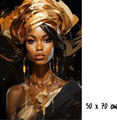 Allernieuwste.nl® Canvas Schilderij Afrikaanse Vrouw Goud/Zwart 2 - Luxe Wanddecoratie - Modern Portret - 50 x 70 cm