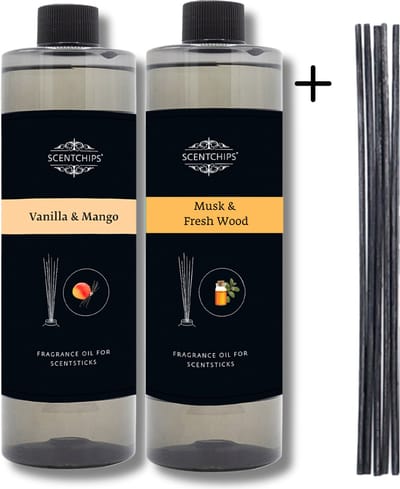 Navulling Vanille Mango + Musk Vers Hout - Geurstokjes Navulling Set van 2 + 5 Geurstokjes - Geurverspreider - Luchtverfrisser - Huisparfum - 400ml x 2