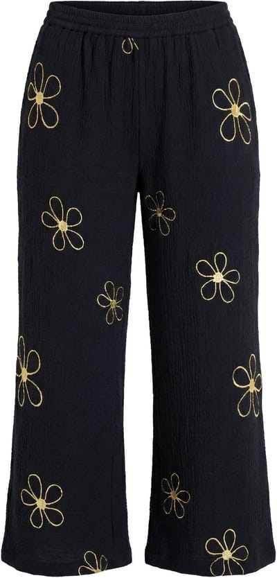 MIAMODA - Dames - Culotte wijde rechte pijp mousseline zilverkleurige bloemen - Zwart - Maat 44