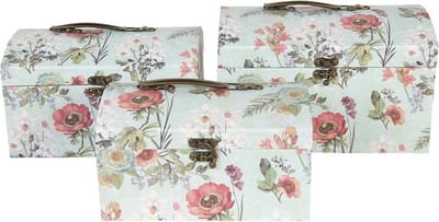 Clayre & Eef Decoratie koffer Set van 3 26x18x16/24x16x14/22x14x12 cm Groen Karton Rechthoek Bloemen Opbergkoffer