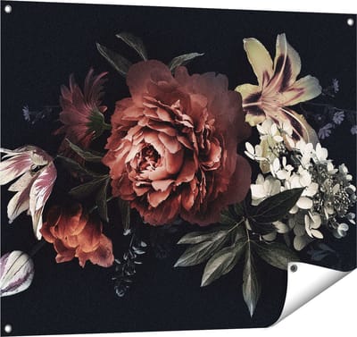 Gards Tuinposter Bloemen op een Zwart Achtergrond - 100x80 cm - Tuindoek - Tuindecoratie - Wanddecoratie buiten - Tuinschilderij
