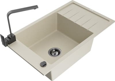 Mexen Elias granieten spoelbak met 1 kom met afdruiprek en keukenmengkraan Rita, beige - 6511-69-670300-70