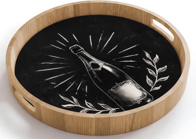 Dienblad rond 40x40 cm - Schootdienblad hout - Champagnefles - Lauriertakken - Zwarte achtergrond - Borrelplank rechthoek - Plateau houten dienbladen