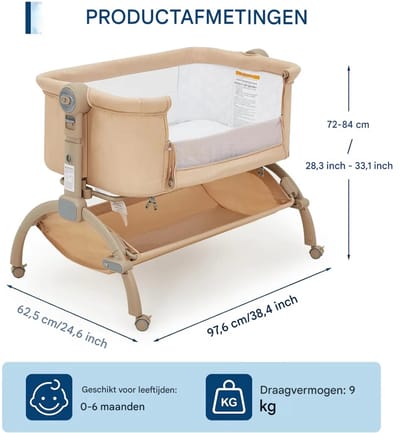 Nachtkastje babywieg - Voor pasgeborenen - 3-in-1 co-sleeper & reiswieg - Met afneembaar klamboe - Khaki