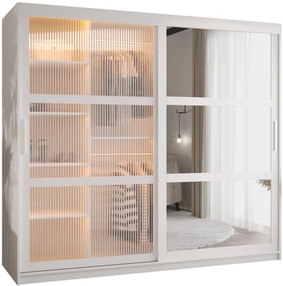 Zweefdeurkast Kledingkast met 2 schuifdeuren glanzen slaapkamerkast Kledingstang met planken Garderobekast met geribbeld glas - ARTON 2 (200 cm, Wit)