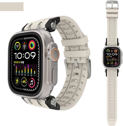 Stravo Robuust siliconen sport horlogebandje voor Apple Watch 46mm (Series 10/11), 45mm (Series 7/8/9), 44mm (Series 4/5/6, SE 1/2/3), 49mm (Ultra 1/2/3) – Ventilerend sportbandje – Starlight