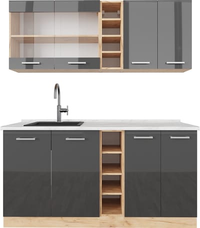 Vicco R-Line Eenpersoonskeuken – 160 cm, WB Marmer Antraciet hoogglans/goud eiken