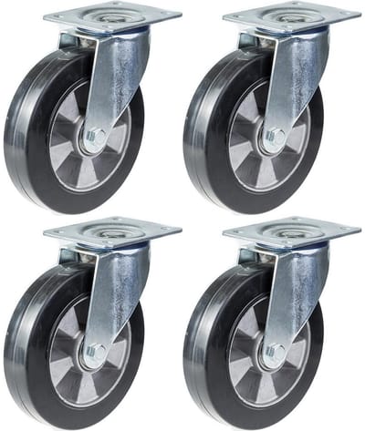 200 mm (8") zwenkwiel met zwart rubber, zeer stevig, draagvermogen 1400 kg, set van 4