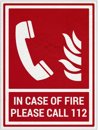 In case of fire please call 112 bord met tekst | Forex Re materiaal | 28 x 21 cm