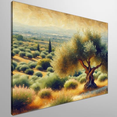 Olieverf olijfboom schilderij | Levendige olijfboom: een weelderig kunstwerk in olieverf | Kunst - 60x60 centimeter op Canvas | Foto op Canvas