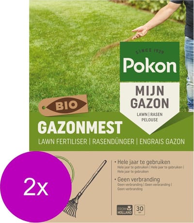 Pokon Bio Gazonmest - 2 x 2kg - Mest - Geschikt voor 2 x 30m² - 120 dagen biologische voeding