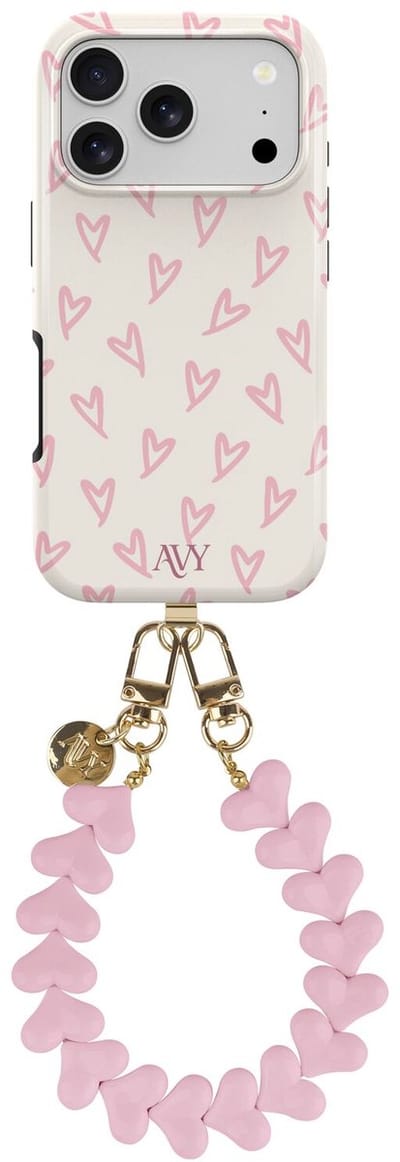 AVY Hoesje Met Telefoonkoord | Geschikt voor Apple iPhone 17 Pro | Compatibel met MagSafe | Hard Shell Back Cover | Stijlvol Bijpassend Koord 30CM | Cupid Hearts | Roze