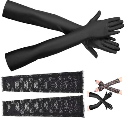 Allecto - Zwarte Lange Handschoenen - Vingerloze Kanten Handschoenen - Bruids Elleboog Lengte - Rekbare Satijnen Handschoenen - Voor Bruiloft en Ba...