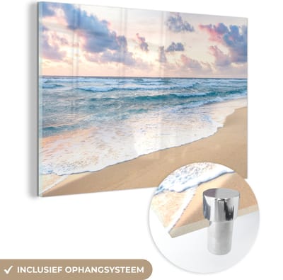 MuchoWow® Glasschilderij 120x80 cm - Schilderij acrylglas - Strand - Wolken - Pastel - Foto op glas - Muurdecoratie woonkamer - Wanddecoratie slaapkamer - Schilderijen