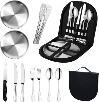 Complete 12-delige Camping Servies Set voor 2 Personen - Roestvrijstalen Bestek en Borden voor Buiten, Picknick, BBQ en Kamperen