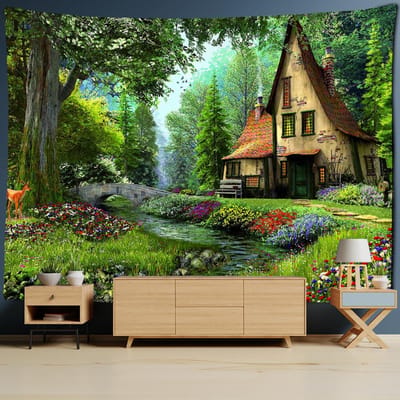 Boshut Wandtapijt Muurhanger Olieverfschilderij Achtergronddoek Bedrukking Psychedelische Hekserij Boheemse Decoratie 95x70cm green