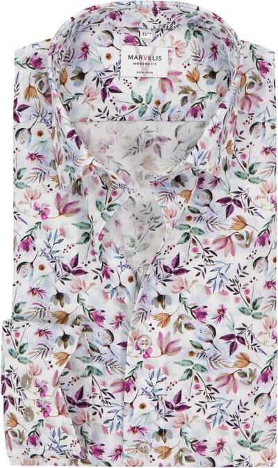 MARVELIS modern fit overhemd - popeline - wit met roze - groen en blauw bloemen dessin - Strijkvrij - Boordmaat: 46 (EU maat: XXL)