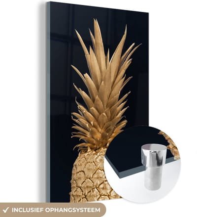 MuchoWow® Glasschilderij 120x180 cm - Schilderij acrylglas - Ananas - Goud - Verf - Zwart - Fruit - Luxe - Foto op glas - Schilderijen