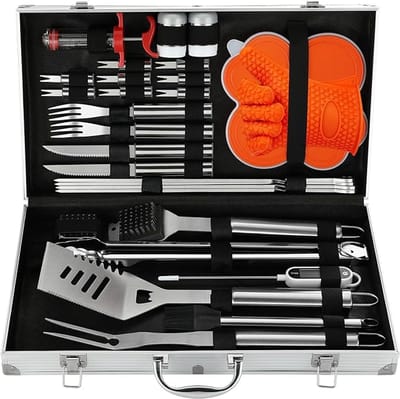 Barbecue Accessoireset 30-delig – RVS Grillset met Koffer – Spatel, Tang, Vork, Vleesspuit, Thermometer, Reinigingsborstel (extra kop), Grillhandschoenen, Burgervorm, Spiesen & Maïshouders – Vaatwasmachinebestendig – Cadeau (Kerst/Vaderdag)