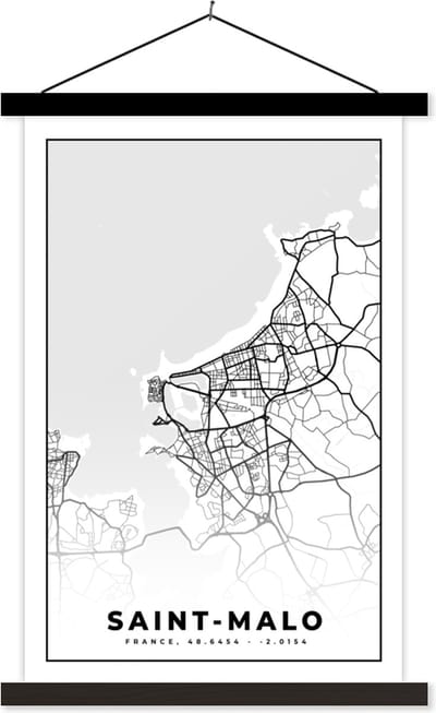 Posterhanger incl. Poster 40x60 cm - Schoolplaat - Saint-Malo - Kaart – Plattegrond – Frankrijk – Stadskaart - Zwart wit - Textielposter - Zwarte latten - Stadskaart