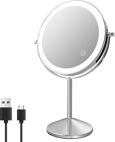 Verlichte make-upspiegel met 20 cm diameter - Oplaadbaar, dubbelzijdig, 5x vergroting, 360° rotatie en dimbare verlichting