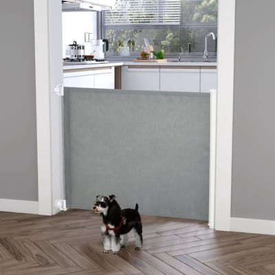 MIVRAY Hondenhek – Uitschuifbaar Rolgitter 5,5–115 x 82,5 cm – Staal en Kunststof – Grijs – Voor Trap, Deuropening en Gang