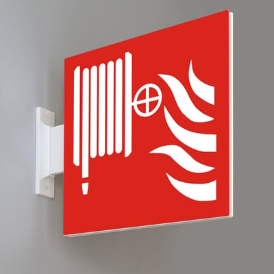 Bord Brandhaspel – Dubbelzijdig Uithangbord (Flag Sign) – Brandhaspel pictogram – Zichtbaar vanuit meerdere Richtingen – Wand of Plafond – 15 x 15 cm – 3D-geprint