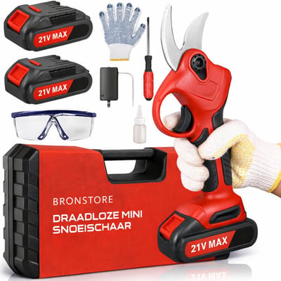 BronStore® Elektrische Snoeischaar met Accu - Heggenschaar & Takkenschaar Draadloos - Electrisch Snoeien 28mm Snijdiameter - Inclusief Opbergkoffer & 2 Accu's