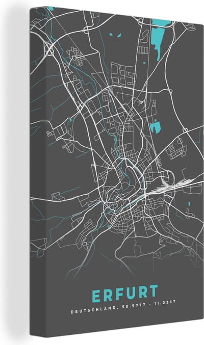 Canvas Schilderij Erfurt – Stadskaart – Blauw – Plattegrond – Stadskaart – Kaart - Duitsland - 20x30 cm - Wanddecoratie