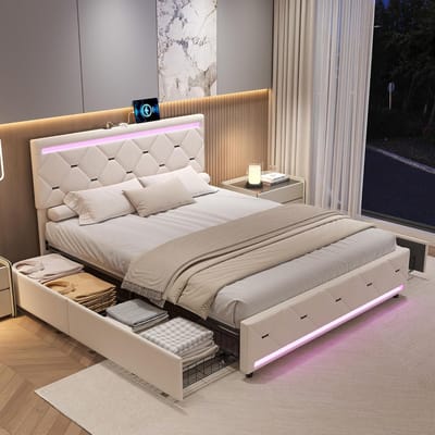 Gestoffeerd Tweepersoonsbed - Modern Bedframe - Slaapkamer Inrichting - Met Opbergvakken en USB - 140 x 200 cm - Beige