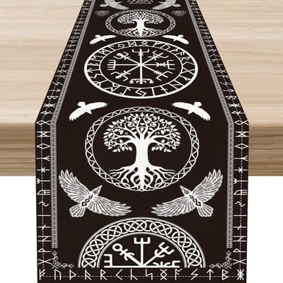 Noorse Mythologie Vintage Runen Viking Linnen Tafelkleed Commode Sjaals Decor Boerderij Keuken Eettafelkleed Feestdecoratie 150x33cm white