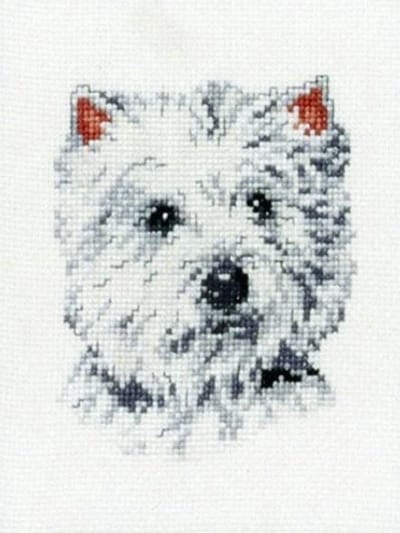 Pako Borduurpakket met tel patroon - Westie een wit hondje - 210.851 - voorgesorteerd garen - Aida - 13 x 17 cm - DIY kit