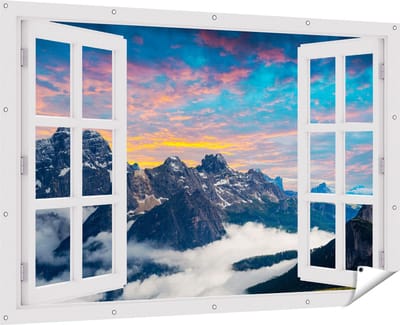 Gards Tuinposter Doorkijk Bergen Landschap met Wolken in Italië - 180x120 cm - Tuindoek - Tuindecoratie - Wanddecoratie buiten - Tuinschilderij