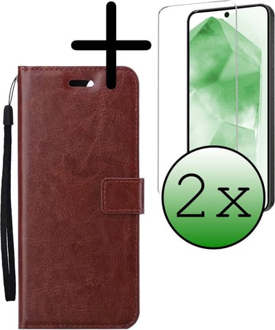 Hoesje Met 2x Screenprotector - Geschikt voor Samsung Galaxy A55 - Luxe Pasjeshouder - Bookcase Portemonee - Flip Case - Kunstleer Book Case - Flipcase Hoes - Book Cover - Walletcase - Portemonneehoes - Bruin