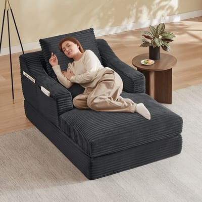 Pugsdrly Moderne minimalistische corduroy luie loungestoel, ruime eenpersoonssofa, ontspanningsbank voor woonkamer en slaapkamer, dubbellaags ontwerp, uit te klappen tot bed