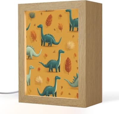 Nachtlampje 15x20 cm - Kinder lampje - Dinosaurussen - Stekels - Herfstbladeren - Bruin - Tafellamp kinderkamer - Slaapkamer lamp - Bedlamp kinderen - Kinderlampje stopcontact - Wandlamp babykamer - Nachtlampjes