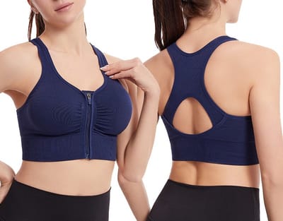 Sportbeha met voorsluiting - Maat S - Sport BH met rits - Fitness BH - Beha zonder beugel - Ondergoed dames - Sport kleding - Kledij – Bra – Blauw - LOUZIR
