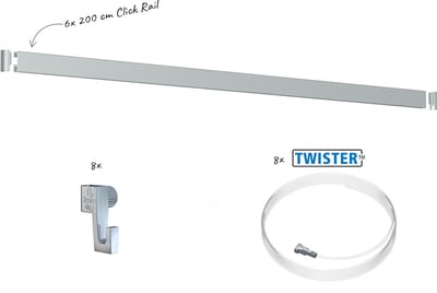 Artiteq Click Rail Schilderij Ophangsysteem 12 meter - Complete Set - Inclusief haken, draden en bevestigingsmaterialen - Aluminium geborsteld - 4 kg/m- Ophangsystemen en rails voor schilderijen, posters en foto's - Ophangen zonder boren