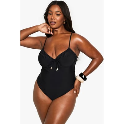boohoo Dames Badpak met plusmaat, schelptrim, gerimpelde cup en onderwire | Black | Maat: 26