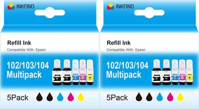 INKFIND 102 103 104 inkt geschikt voor Epson102 102 Epson104 104 - inktfles - Multipack Ecotank van 10 stuks (2 x 5pack= 4 x Zwart, 2 x Cyaan, 2 x Magenta, 2 x Geel) geschikt voor ET-2710/2711/2720/2726/4700/4800/ET-2700/2750/3700/3750/4750
