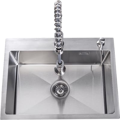 Lendo Online Spoelbak voor keuken met keukenkraan met uittrekbare uitloop en zeepdispenser 590x440x200mm (59x44x20cm) RVS - Roestvrij staal - Wasbak met waterafvoersysteem - Gootsteen + bevestigingshaken Binnenmaat: 54x35cm