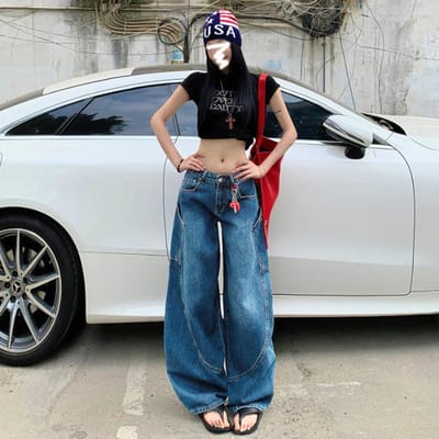 Pantalon Cimeterre Rétro pour Femmes à Taille Haute Broderie Lettres Jeans Amples Jambe Large pour Femmes avec Jeans Cimeterre pour Femmes XL gray