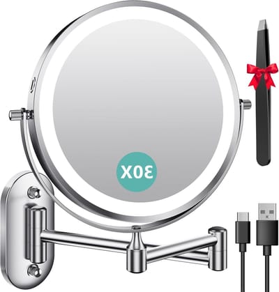 Verlicht Make-up Spiegel met 1X/30X Vergroting, Oplaadbare Wandspiegel, Dimbare 3 Kleuren Verlichting, 360° Draaiend voor Badkamer en Scheren