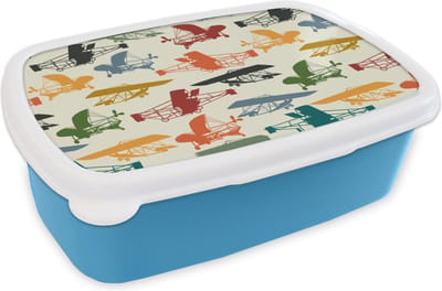 Broodtrommel Blauw - Lunchbox - Brooddoos - Patronen - Vliegtuig - Retro - Jongens - Kinderen - Kids - Jongetje - 18x12x6 cm - Kinderen - Jongen