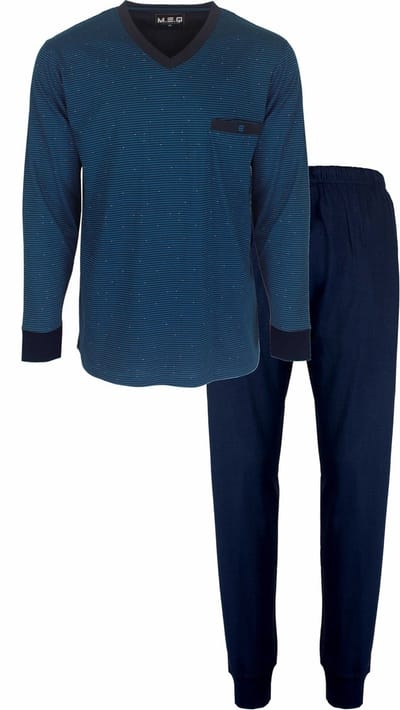 MEQ Heren Pyjama - Gestreept Dessin - V Hals - Blauw - Maat S